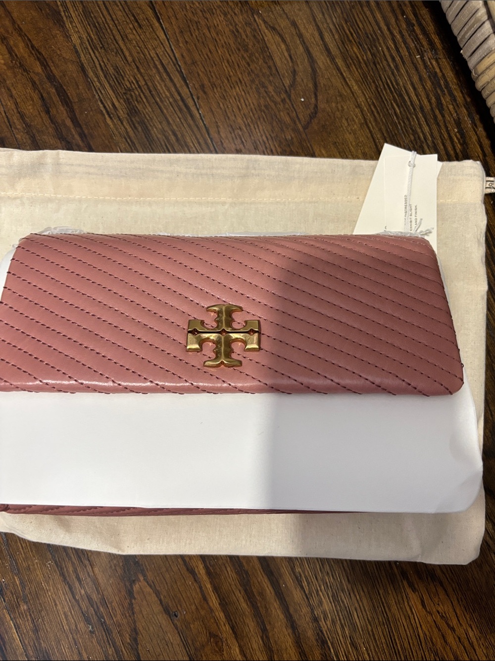 Tory Burch Rose Quilted Leather Two-Tone Clutch with Gold Logo